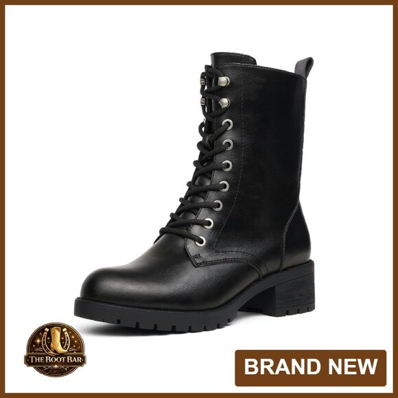 Mid-Calf Combat Boots Lace-Up Side Zipper 2-Inch Heel Winter Boots